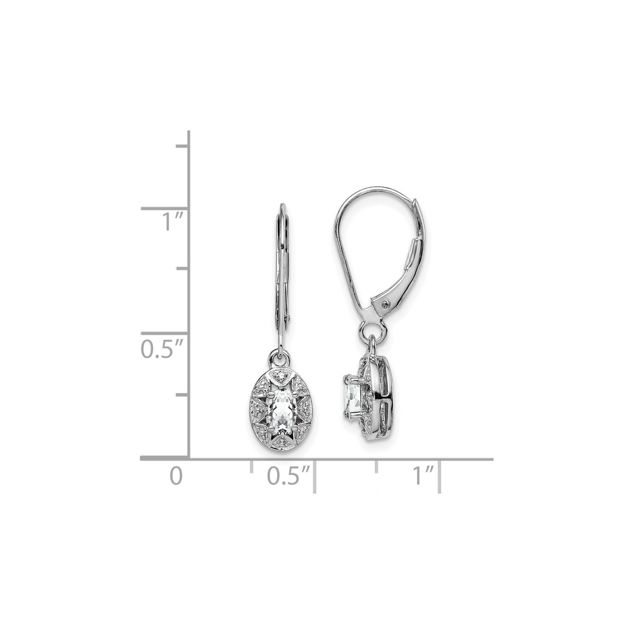 Sterling Silver Drop Earrings with White Topaz and Diamond, Oval Vintage Style for Women