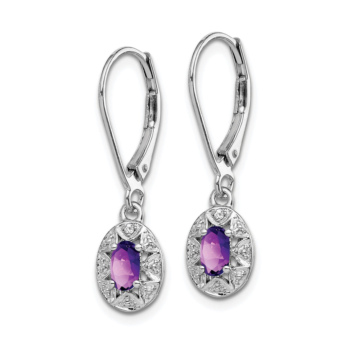 Sterling Silver Drop Earrings with Oval Amethyst and Diamond Accents, Starburst Design