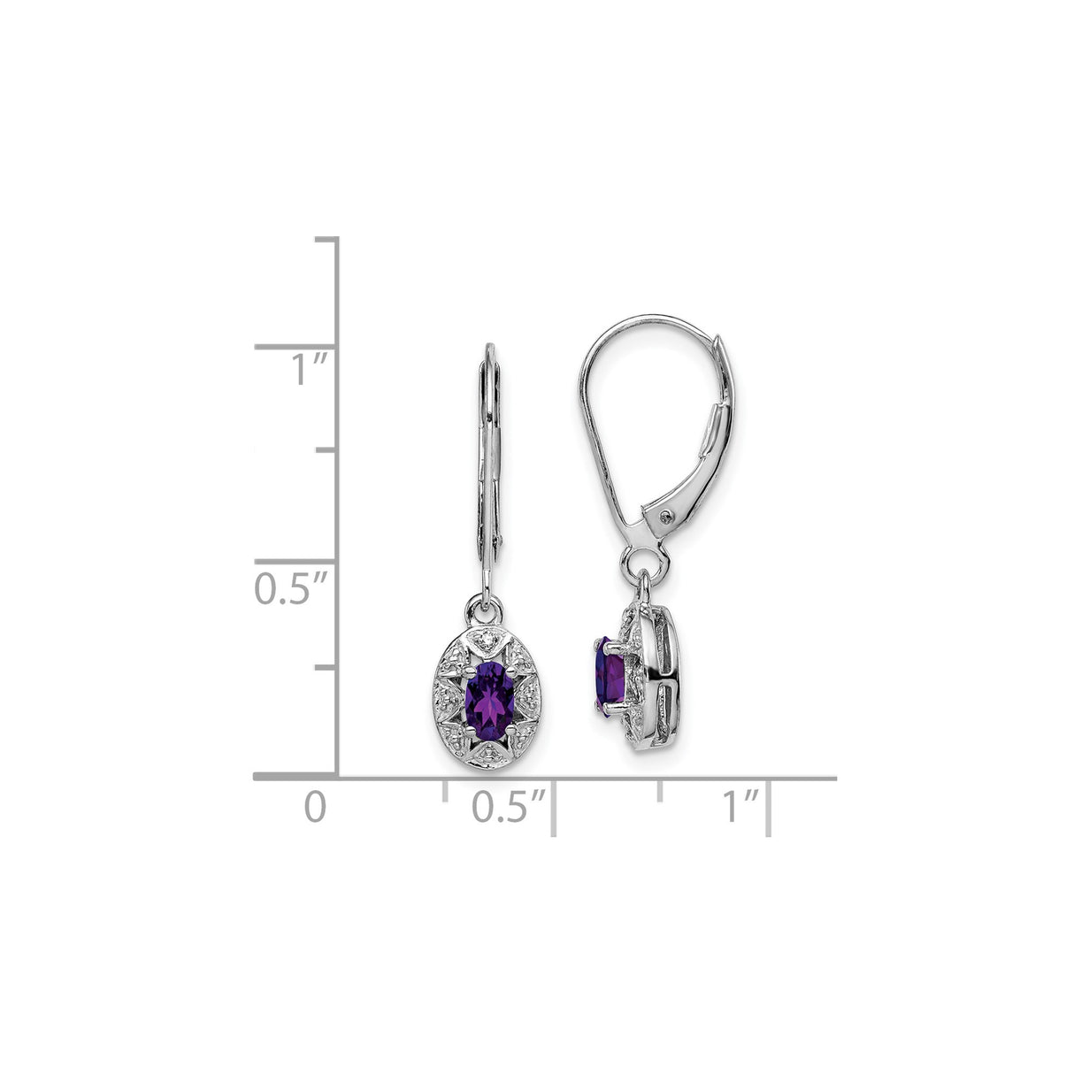 Sterling Silver Drop Earrings with Oval Amethyst and Diamond Accents, Starburst Design