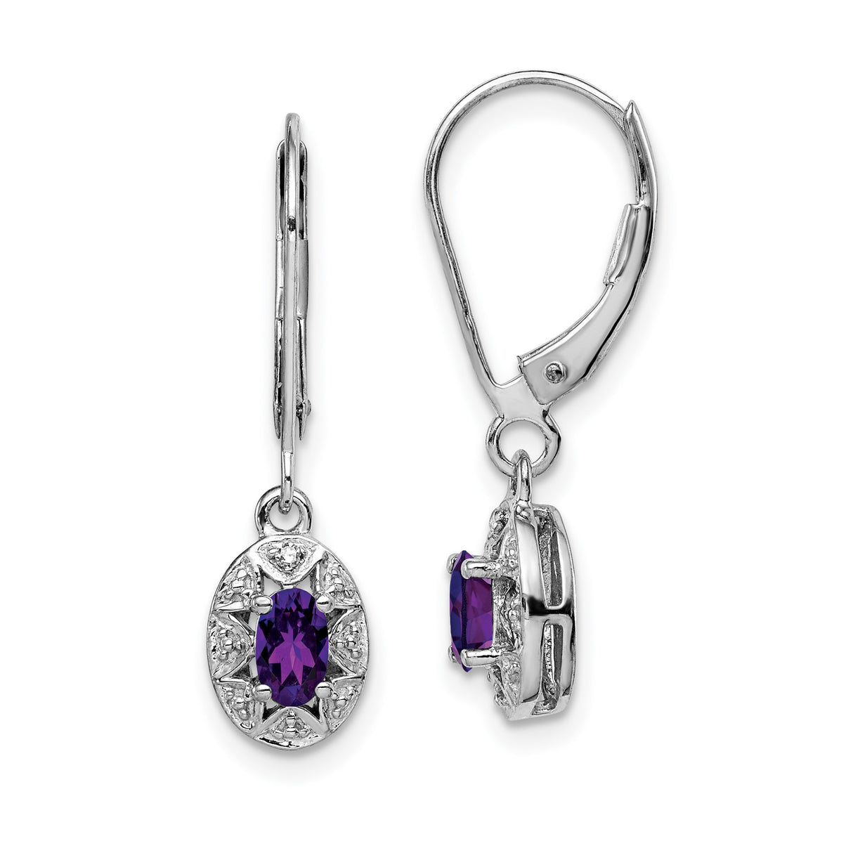 Sterling Silver Drop Earrings with Oval Amethyst and Diamond Accents, Starburst Design
