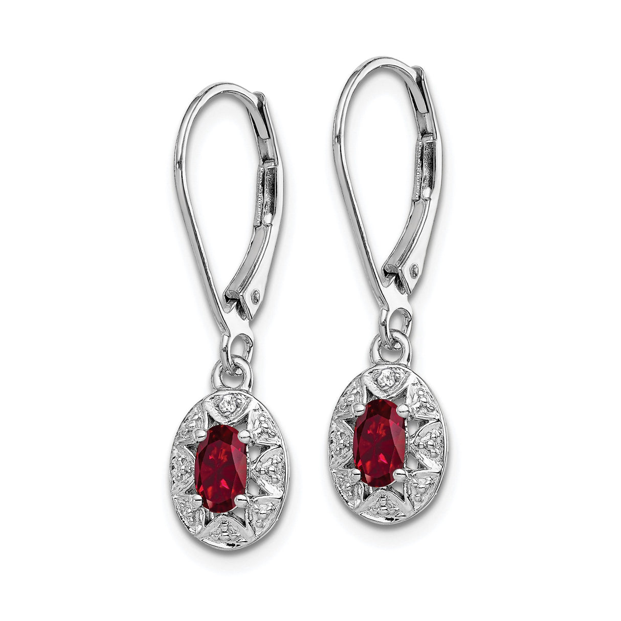 Sterling Silver Drop Earrings with Created Ruby and Diamond, Vintage Leverback Design