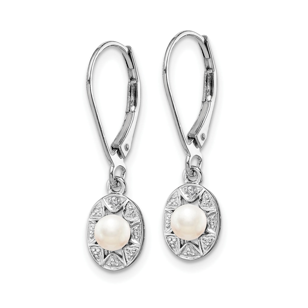Sterling Silver Dangle Earrings with White Pearl and Diamond in Starburst Design