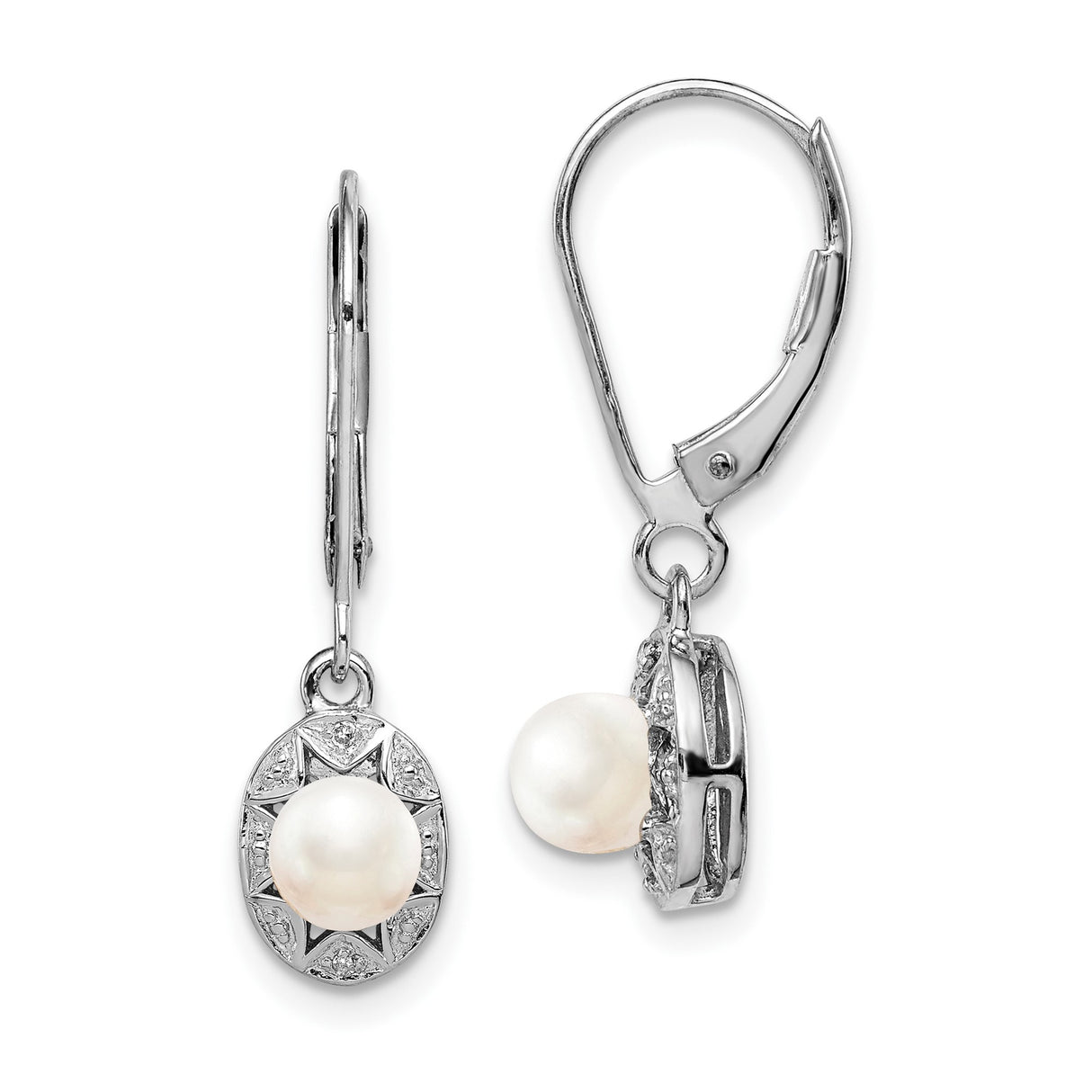 Sterling Silver Dangle Earrings with White Pearl and Diamond in Starburst Design