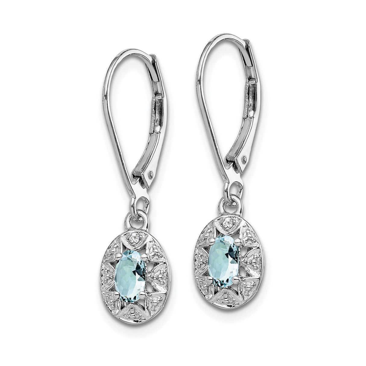 Sterling Silver Dangle Earrings with Oval Aquamarine and Diamond, Vintage Style Leverback Design