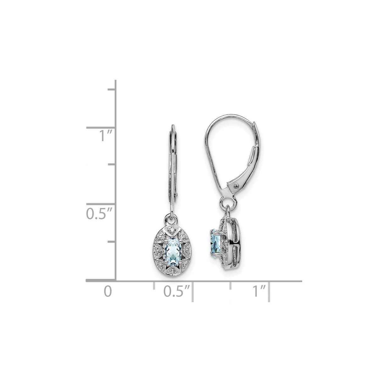 Sterling Silver Dangle Earrings with Oval Aquamarine and Diamond, Vintage Style Leverback Design
