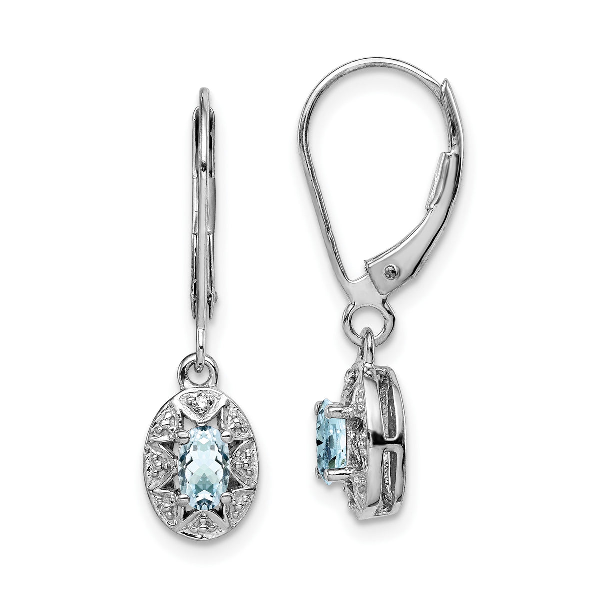 Sterling Silver Dangle Earrings with Oval Aquamarine and Diamond, Vintage Style Leverback Design