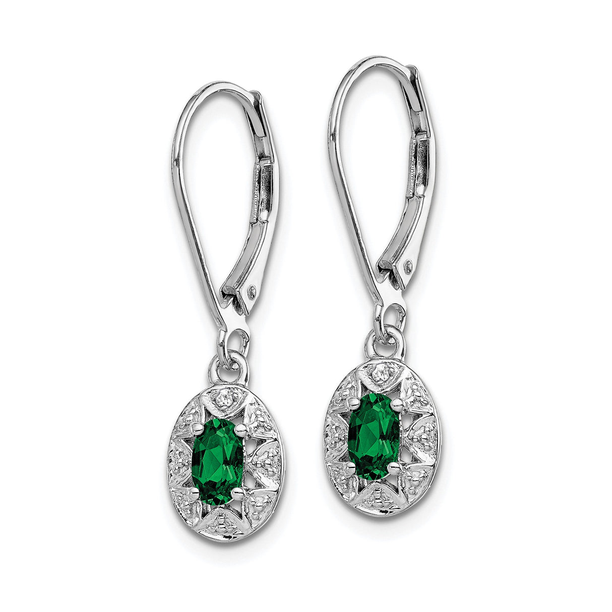 Sterling Silver Drop Earrings with Created Emerald and Diamond Accents, Vintage Leverback Style