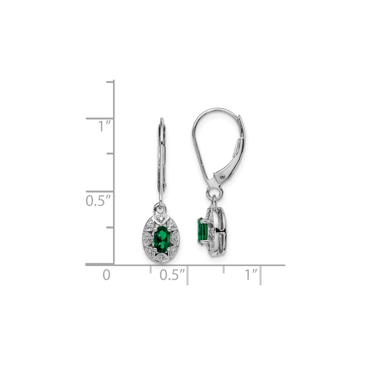 Sterling Silver Drop Earrings with Created Emerald and Diamond Accents, Vintage Leverback Style