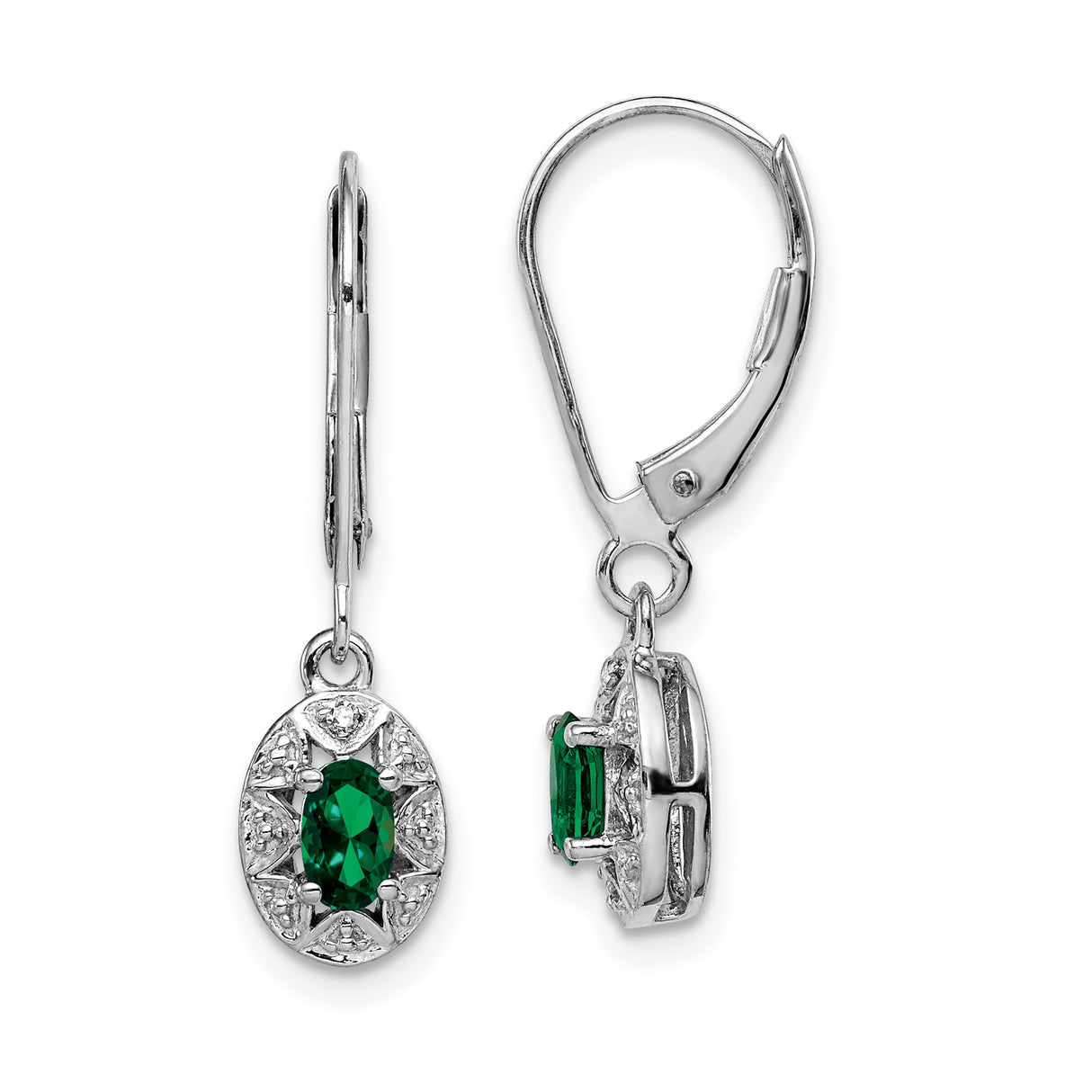 Sterling Silver Drop Earrings with Created Emerald and Diamond Accents, Vintage Leverback Style