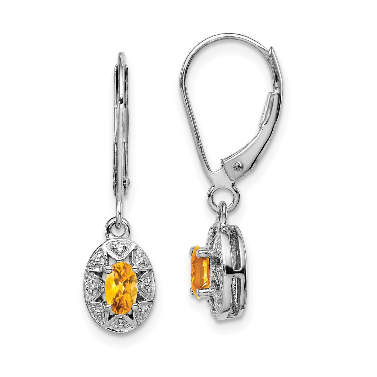 Sterling Silver Dangle Earrings with Citrine and Diamond, Starburst Vintage-Inspired Design
