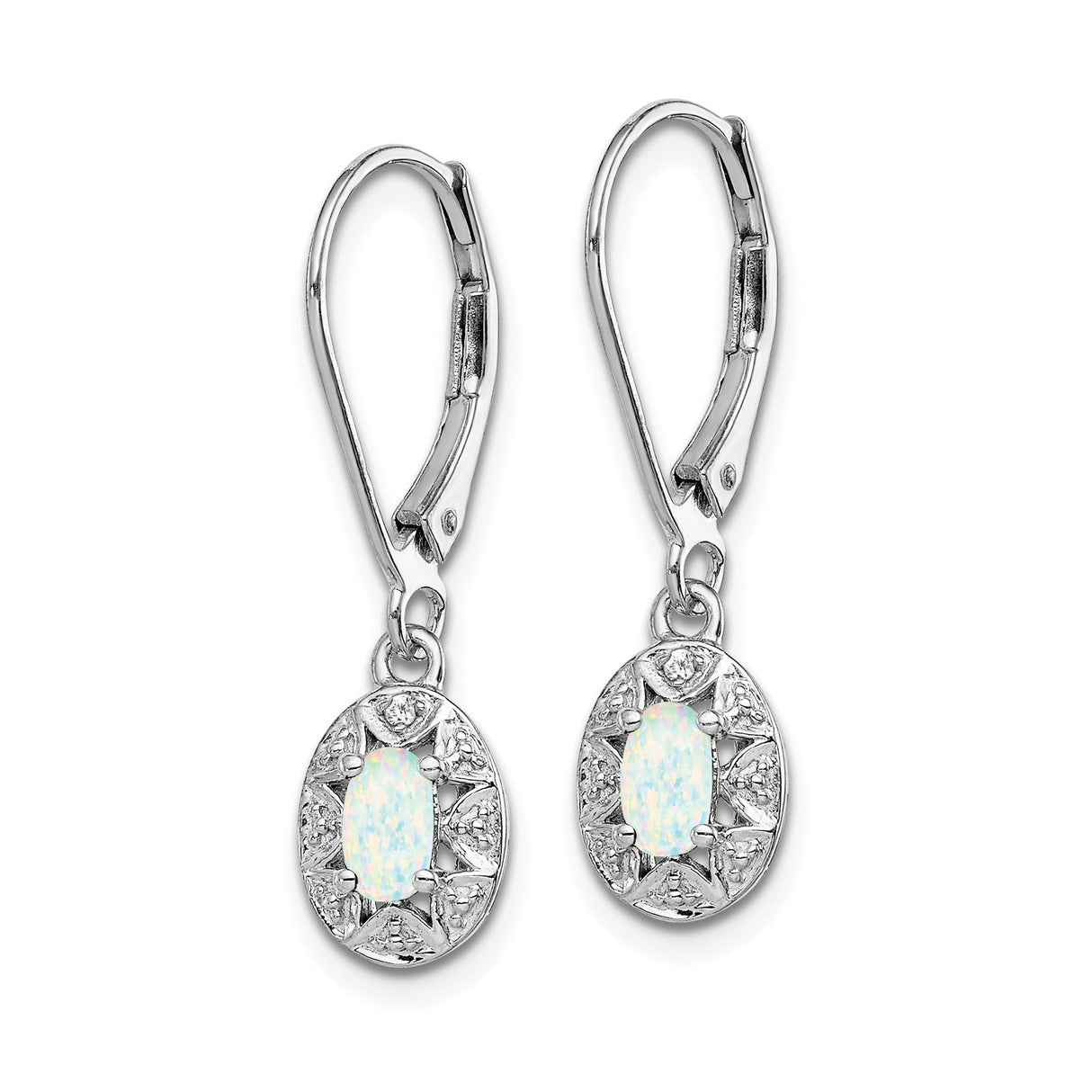 Sterling Silver Drop Earrings with Oval Created Opal and Diamond Accents in Halo Setting