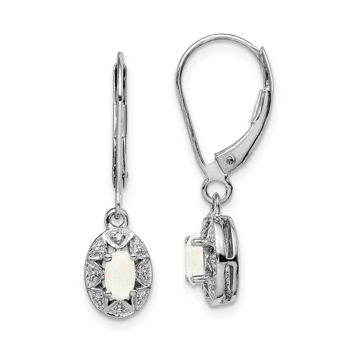 Sterling Silver Drop Earrings with Oval Created Opal and Diamond Accents in Halo Setting