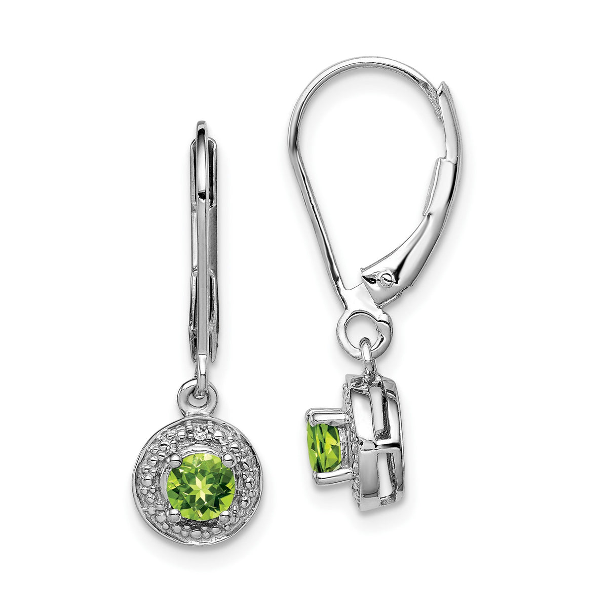 Sterling Silver Dangle Earrings with Peridot and Diamond Accent, Halo Leverback Design