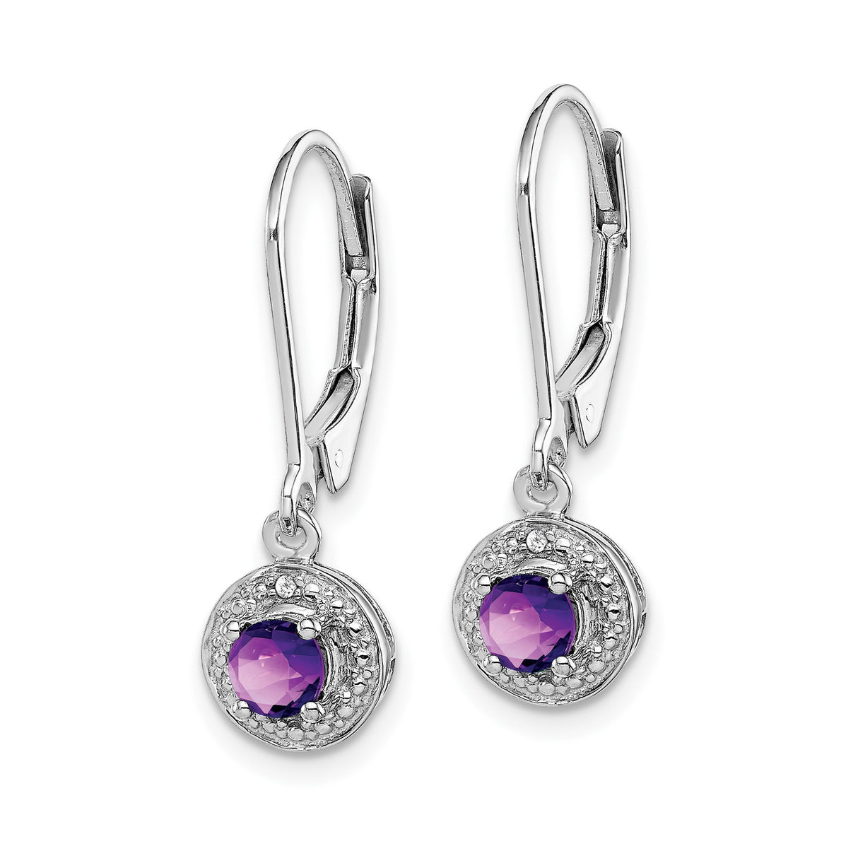 Sterling Silver Drop Earrings with Amethyst and Diamond, Pavé Style Leverback Dangle