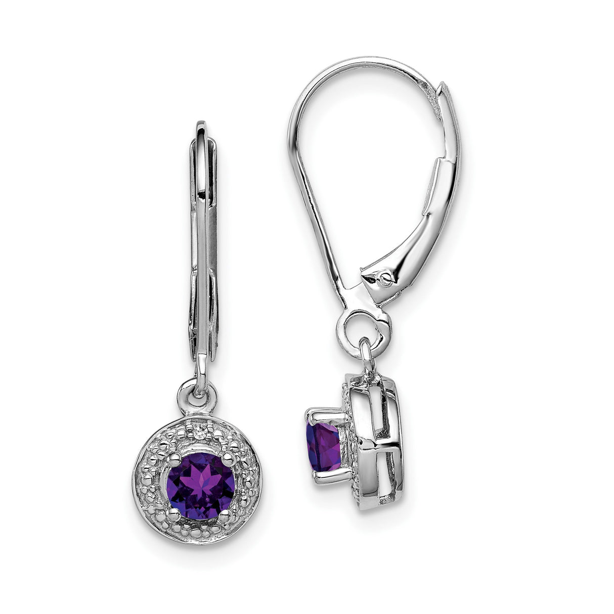 Sterling Silver Drop Earrings with Amethyst and Diamond, Pavé Style Leverback Dangle