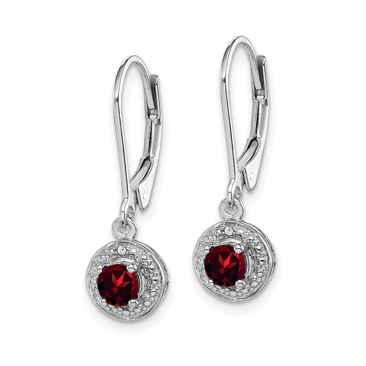 Sterling Silver Dangle Earrings with Garnet and Diamond Halo, Leverback Drop Style for Women