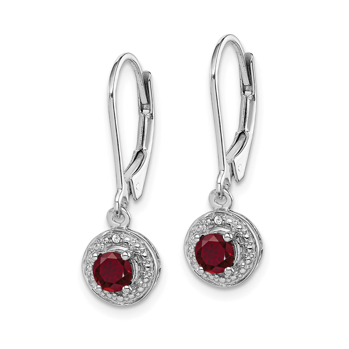 Sterling Silver Dangle Earrings with Created Ruby and Diamond Halo Leverback Design