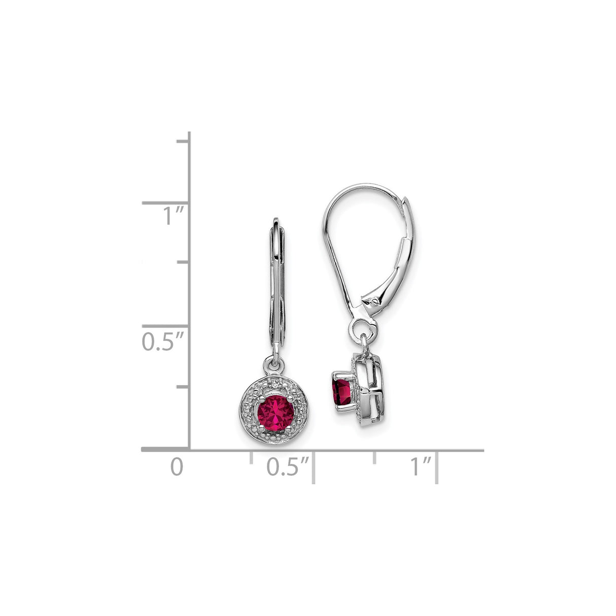 Sterling Silver Dangle Earrings with Created Ruby and Diamond Halo Leverback Design