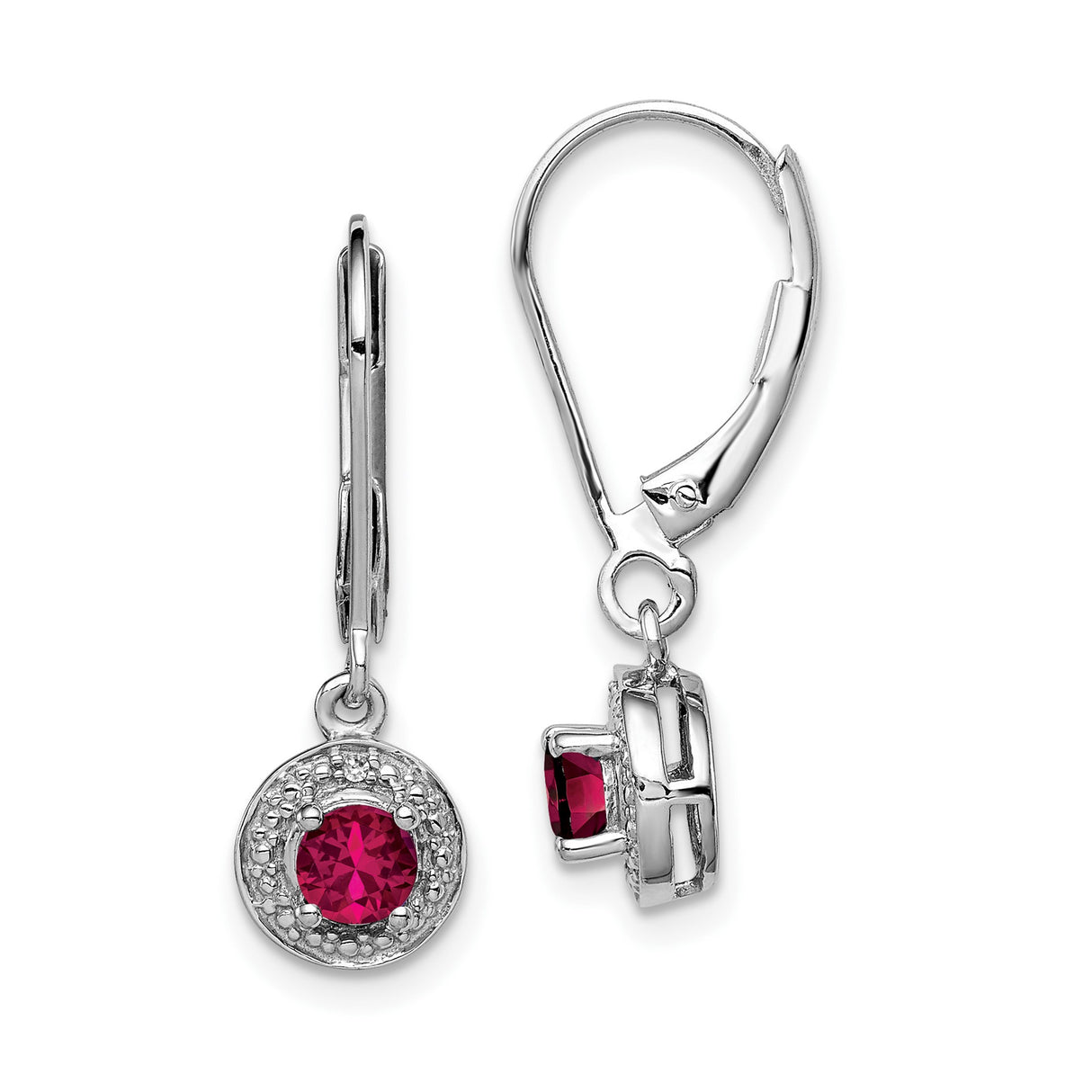 Sterling Silver Dangle Earrings with Created Ruby and Diamond Halo Leverback Design