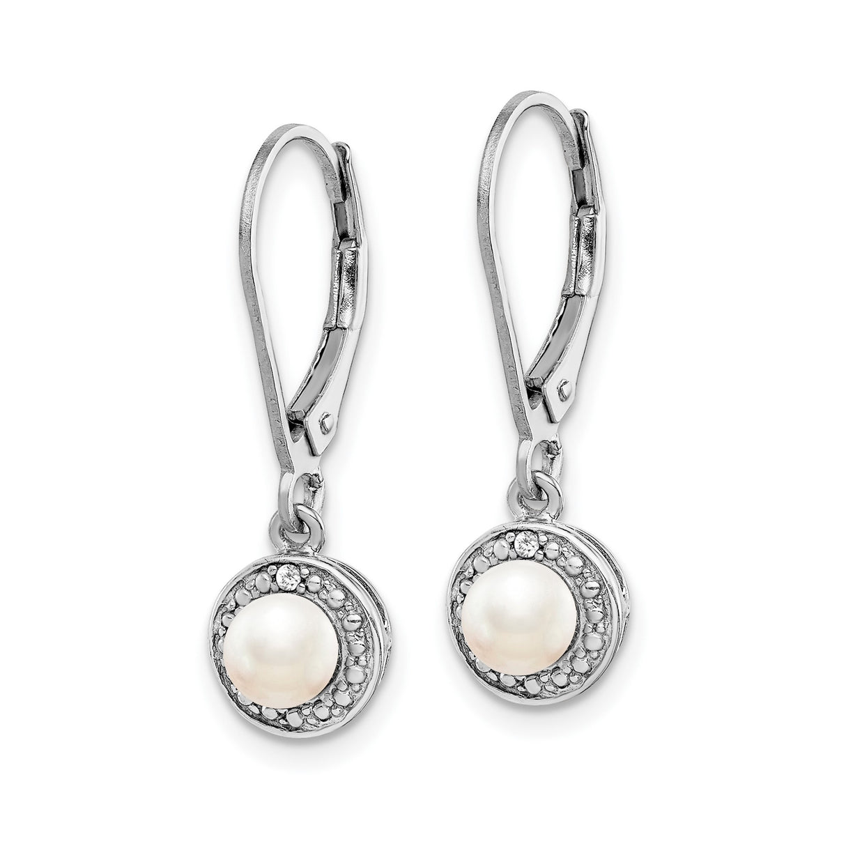Sterling Silver Dangle Earrings with Cultured Freshwater Pearls and Diamond Halo Design
