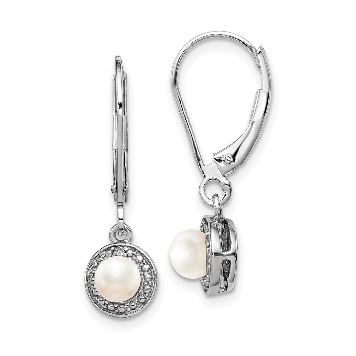 Sterling Silver Dangle Earrings with Cultured Freshwater Pearls and Diamond Halo Design