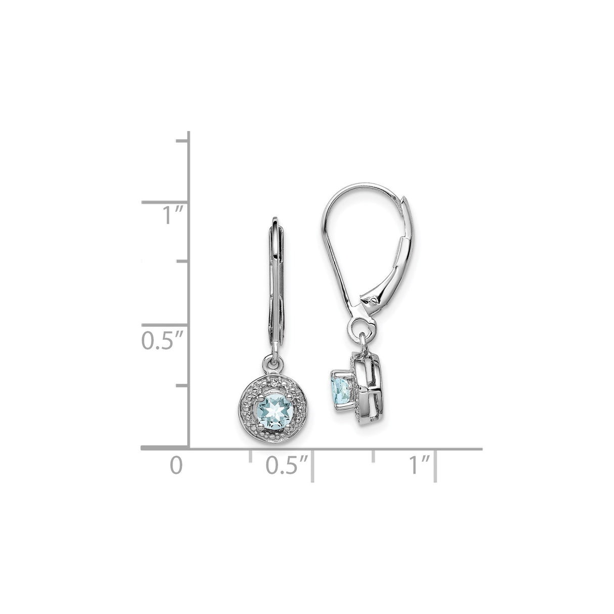 Sterling Silver Dangle Earrings with Aquamarine and Diamond, Halo Design, Leverback Closure