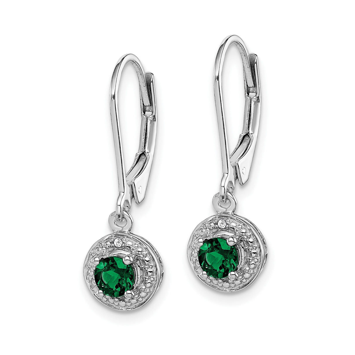 Sterling Silver Drop Earrings with Created Emerald and Diamond Halo Leverback Design