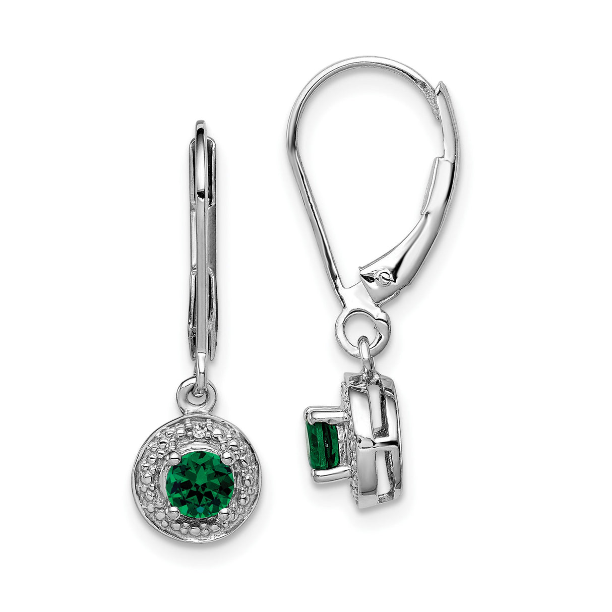 Sterling Silver Drop Earrings with Created Emerald and Diamond Halo Leverback Design