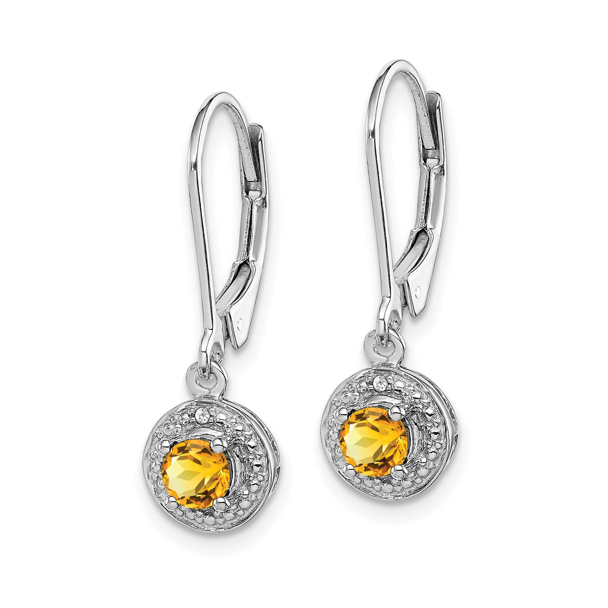 Sterling Silver Drop Earrings with Citrine and Diamond Accents, Textured Design, Leverback Hooks