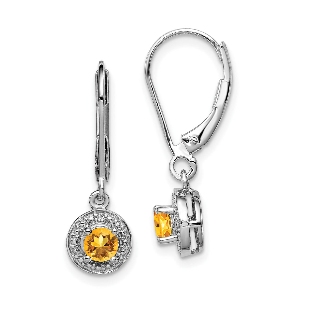 Sterling Silver Drop Earrings with Citrine and Diamond Accents, Textured Design, Leverback Hooks