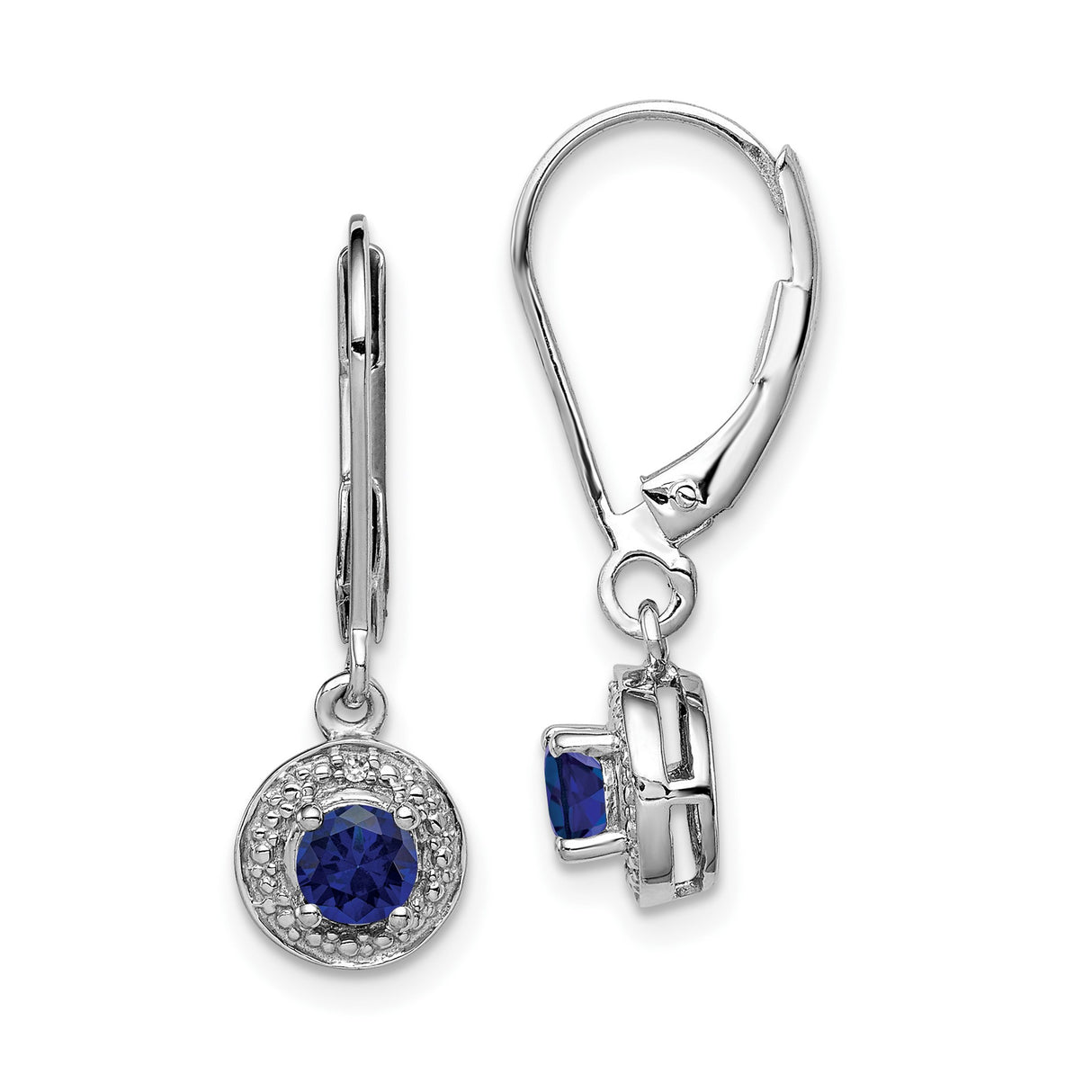 Sterling Silver Dangle Earrings with Created Sapphire and Diamond Halo Accents