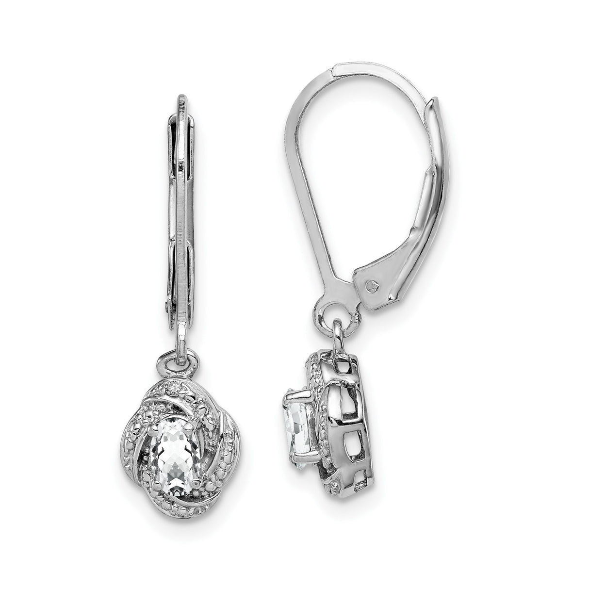 Sterling Silver Dangle Earrings with White Topaz and Diamond in Twisted Knot Design
