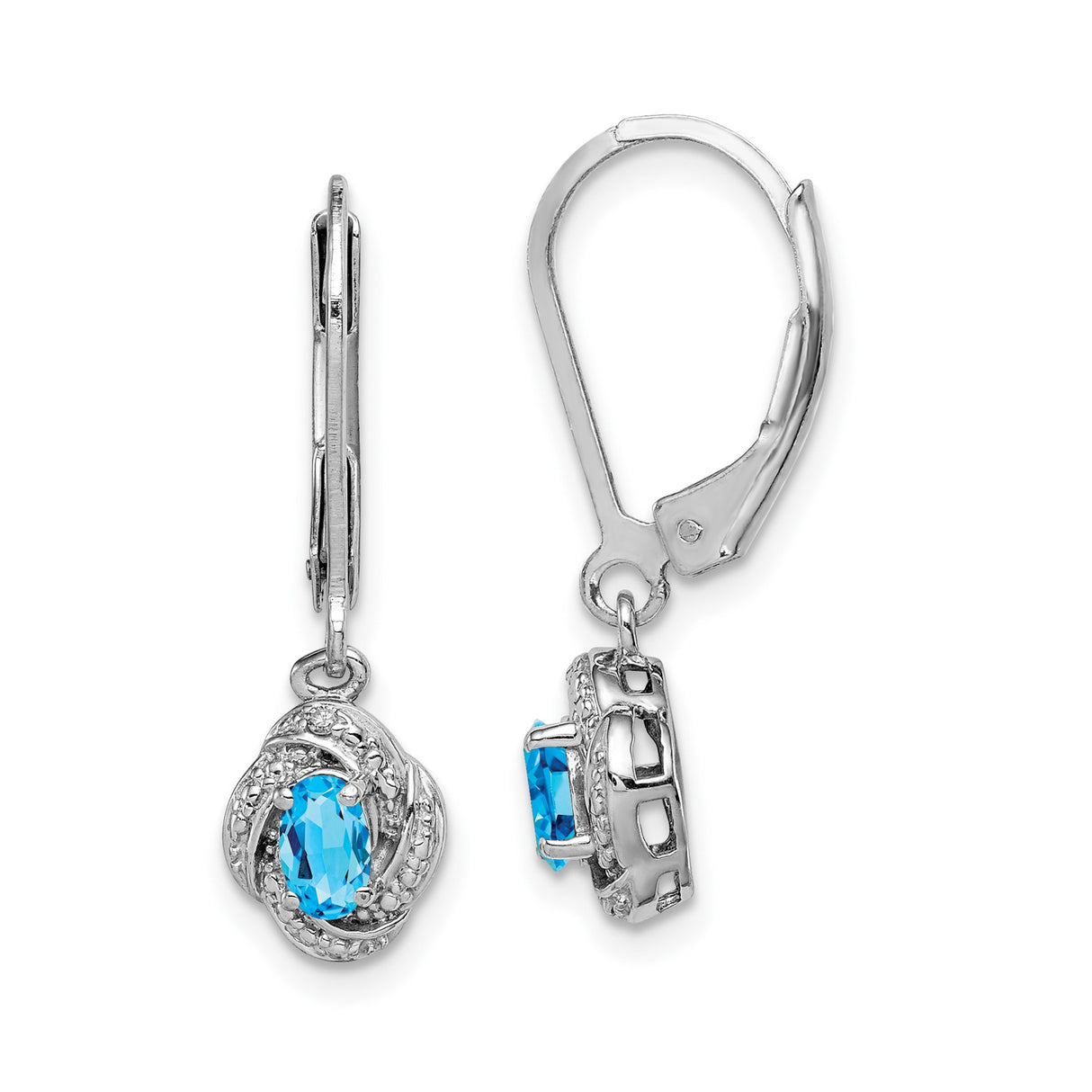 Sterling Silver Dangle Leverback Earrings with Swiss Blue Topaz and Diamond Accents