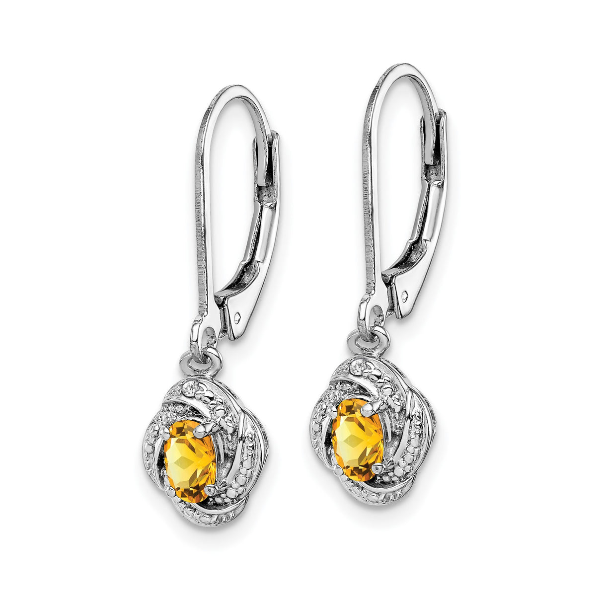 Sterling Silver Drop Earrings with Oval Citrine, Twist Design and Diamond Accents