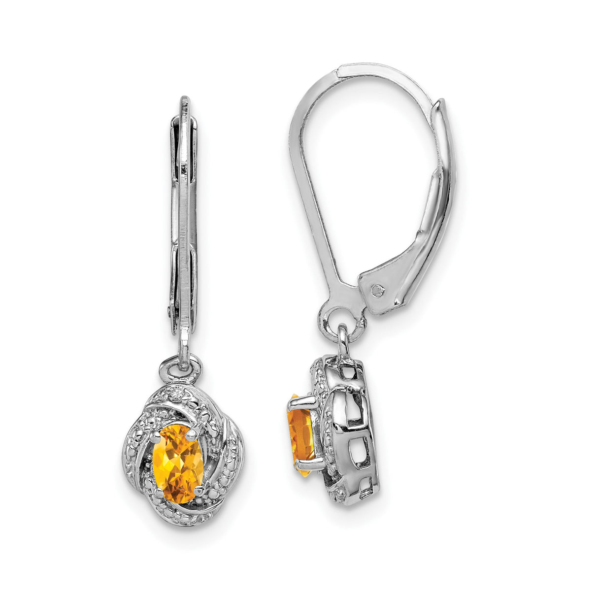 Sterling Silver Drop Earrings with Oval Citrine, Twist Design and Diamond Accents