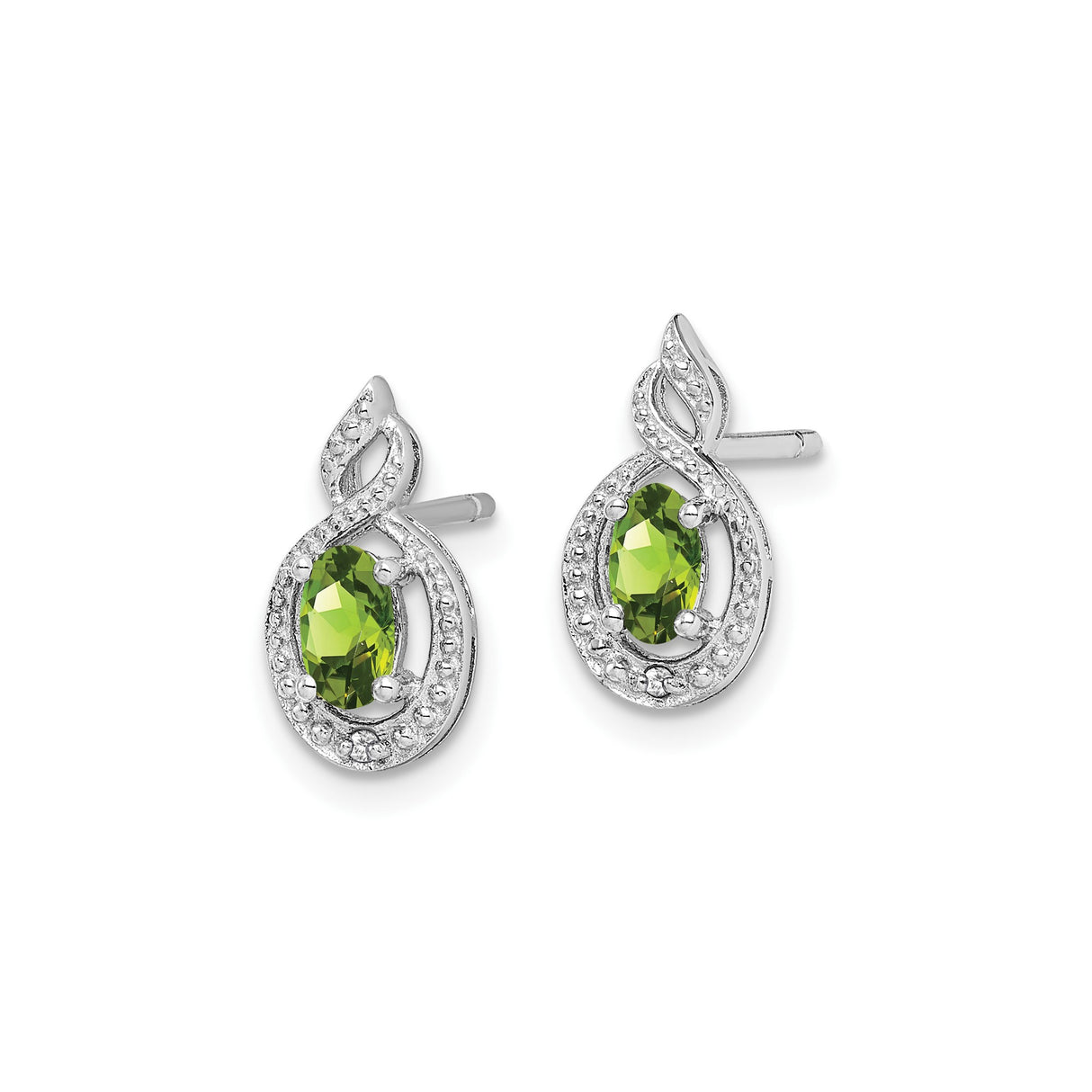 Sterling Silver Peridot Stud Earrings with Swirl Infinity Design and Diamond Accents