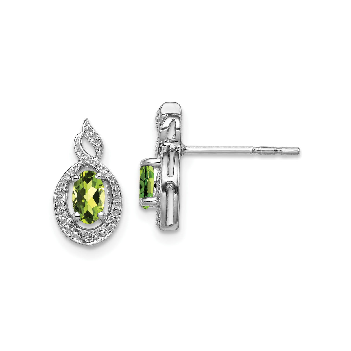 Sterling Silver Peridot Stud Earrings with Swirl Infinity Design and Diamond Accents