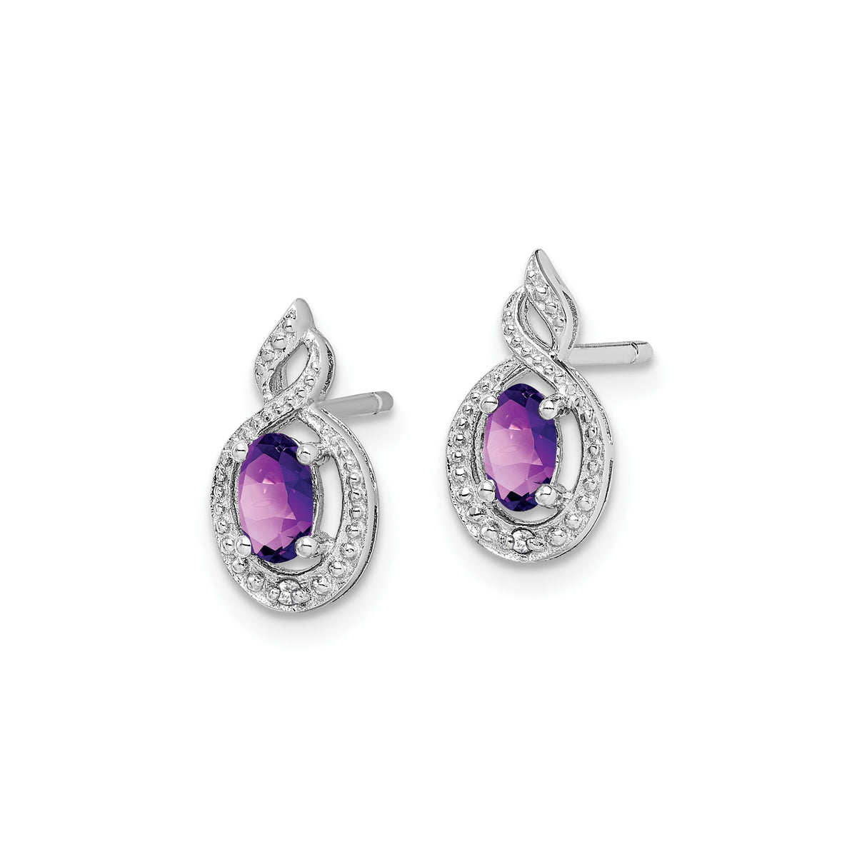 Sterling Silver Stud Earrings with Amethyst and Diamond, Open Teardrop Twist Design
