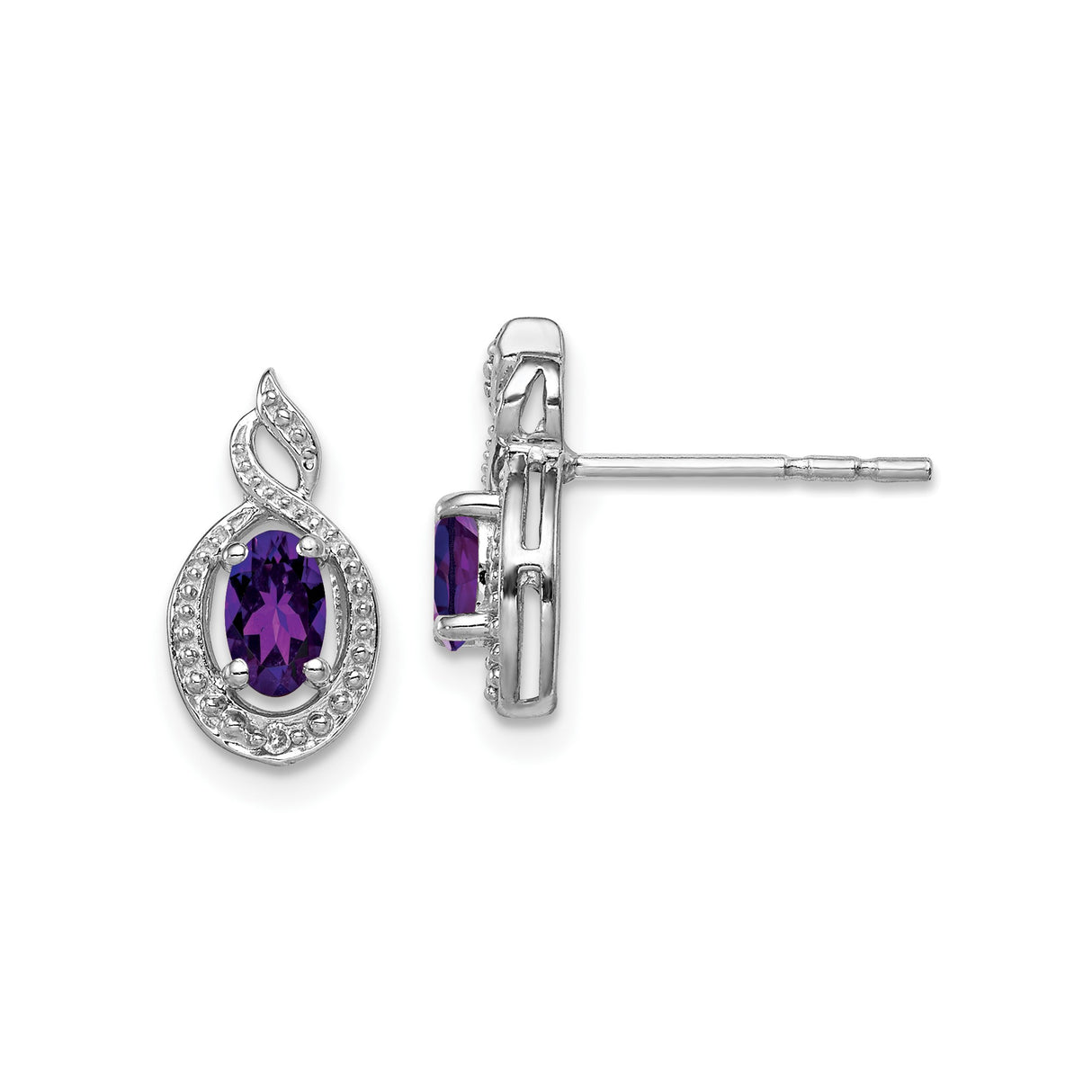 Sterling Silver Stud Earrings with Amethyst and Diamond, Open Teardrop Twist Design