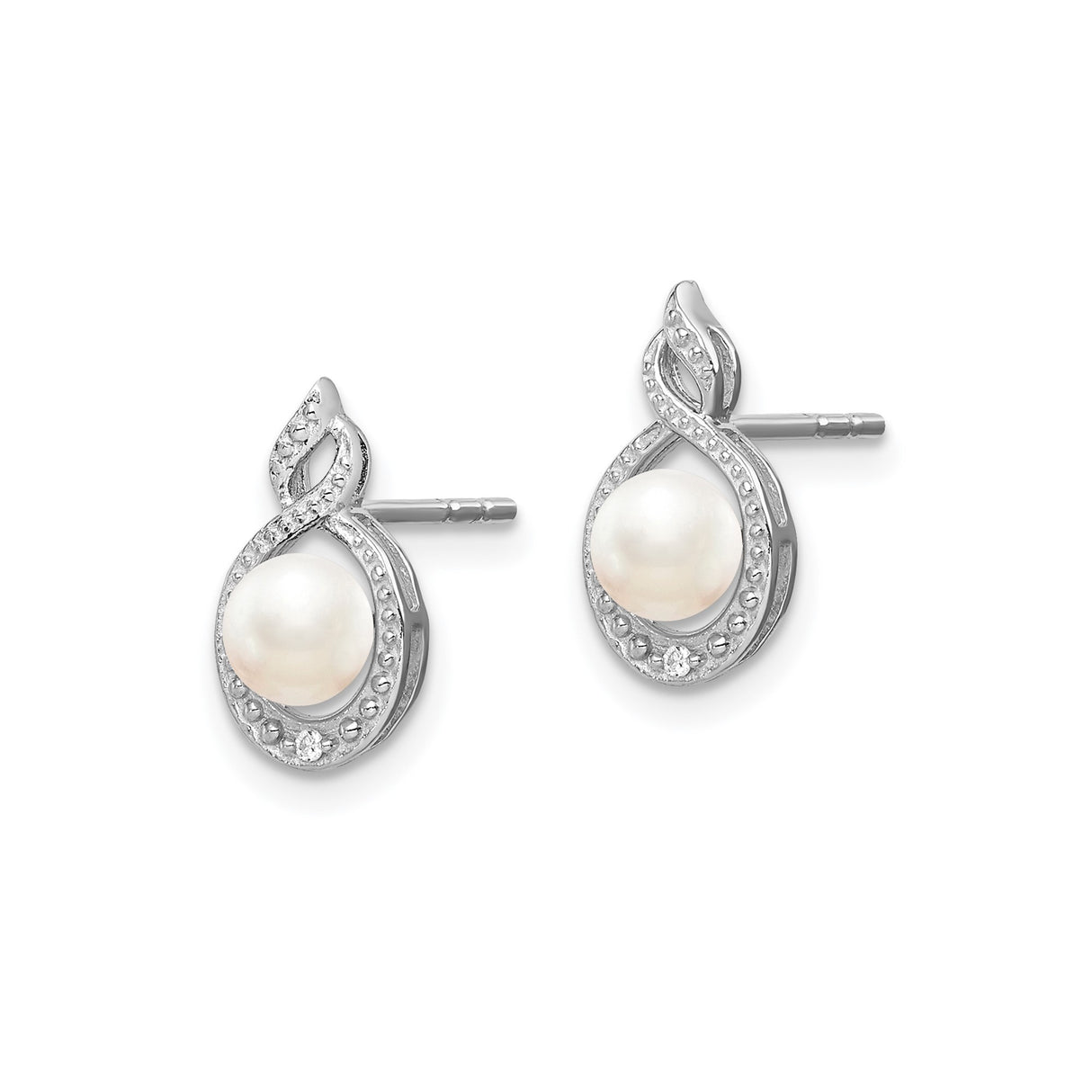 Sterling Silver Pearl Stud Earrings with Infinity Design and Diamonds Accents