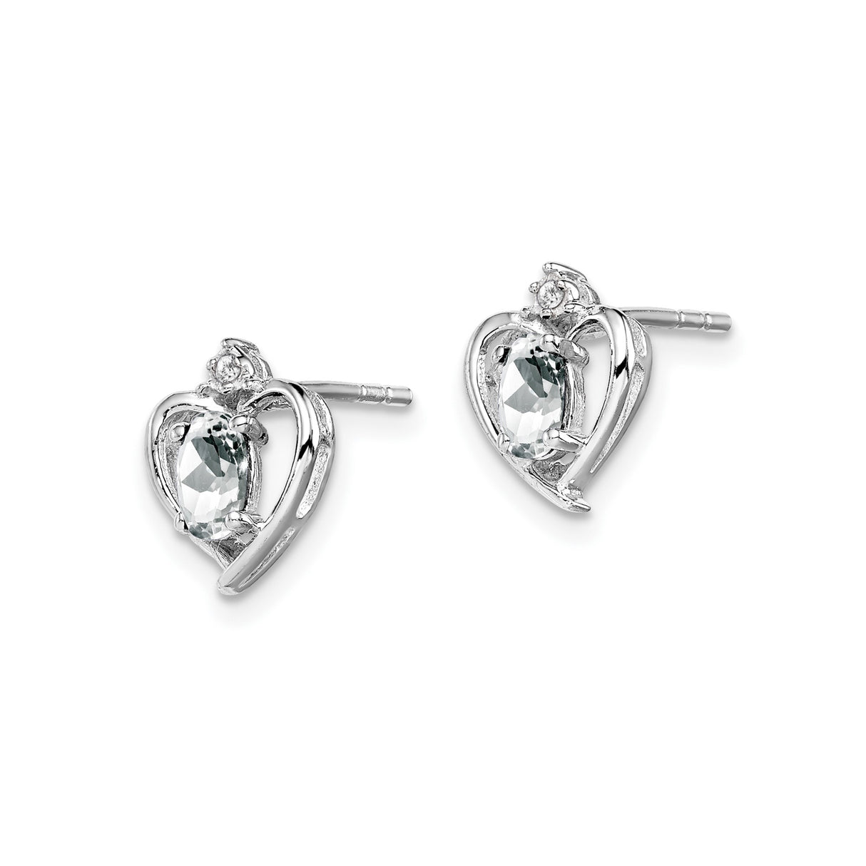 Sterling Silver Heart Shaped Stud Earrings with Oval White Topaz and Diamond Accent