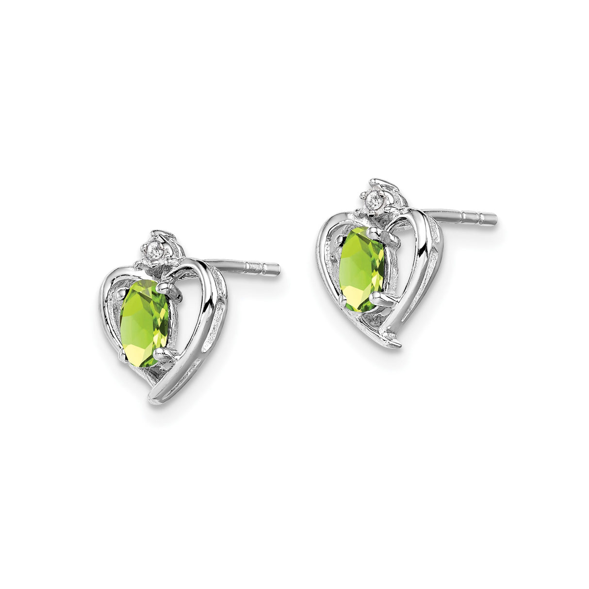 Sterling Silver Heart Stud Earrings with Oval Peridot and Diamond Accents