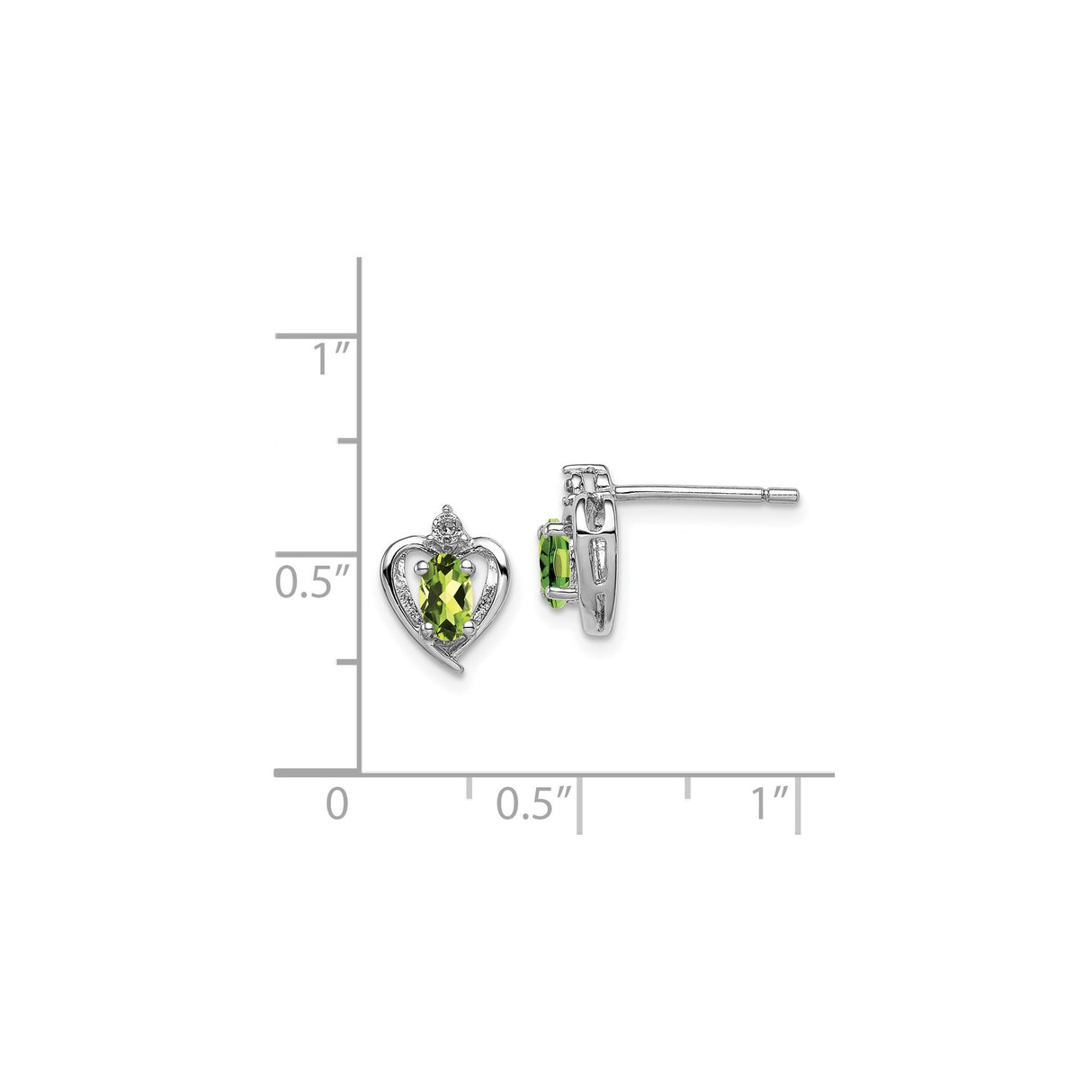 Sterling Silver Heart Stud Earrings with Oval Peridot and Diamond Accents