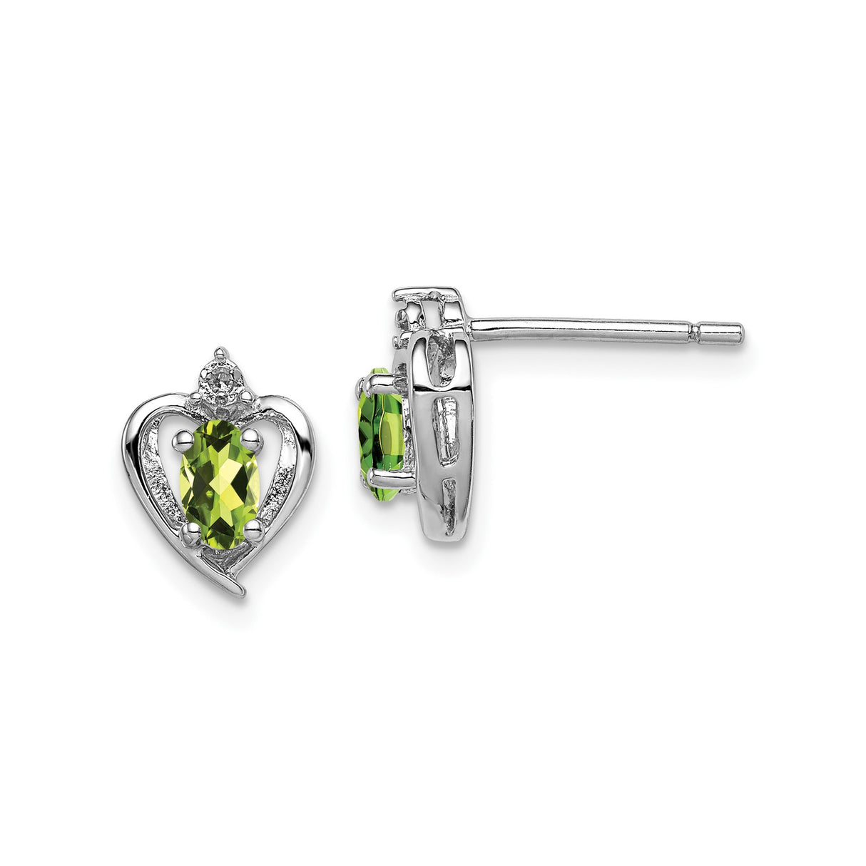 Sterling Silver Heart Stud Earrings with Oval Peridot and Diamond Accents