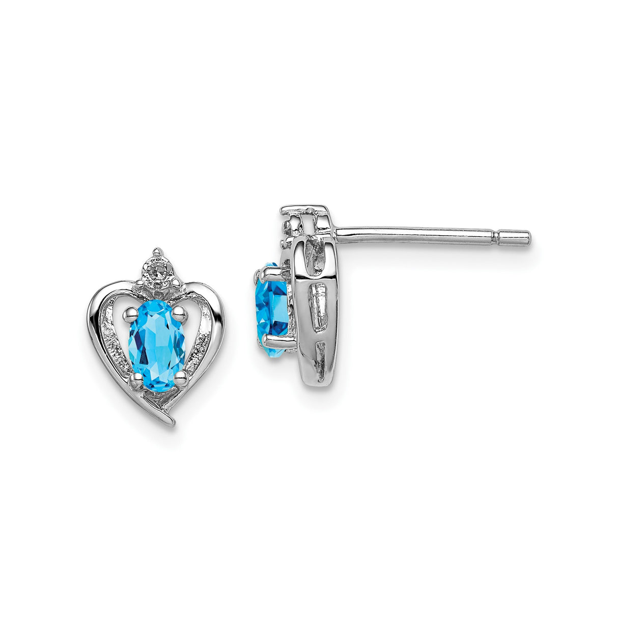 Sterling Silver Heart Stud Earrings with Swiss Blue Topaz and Diamond Accents