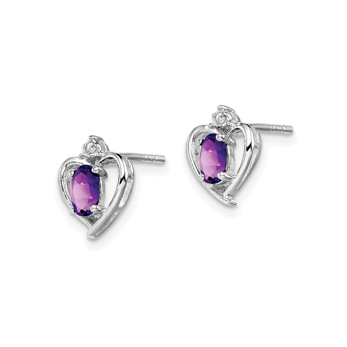 Sterling Silver Heart Shaped Stud Earrings with Amethyst and Diamond Accents