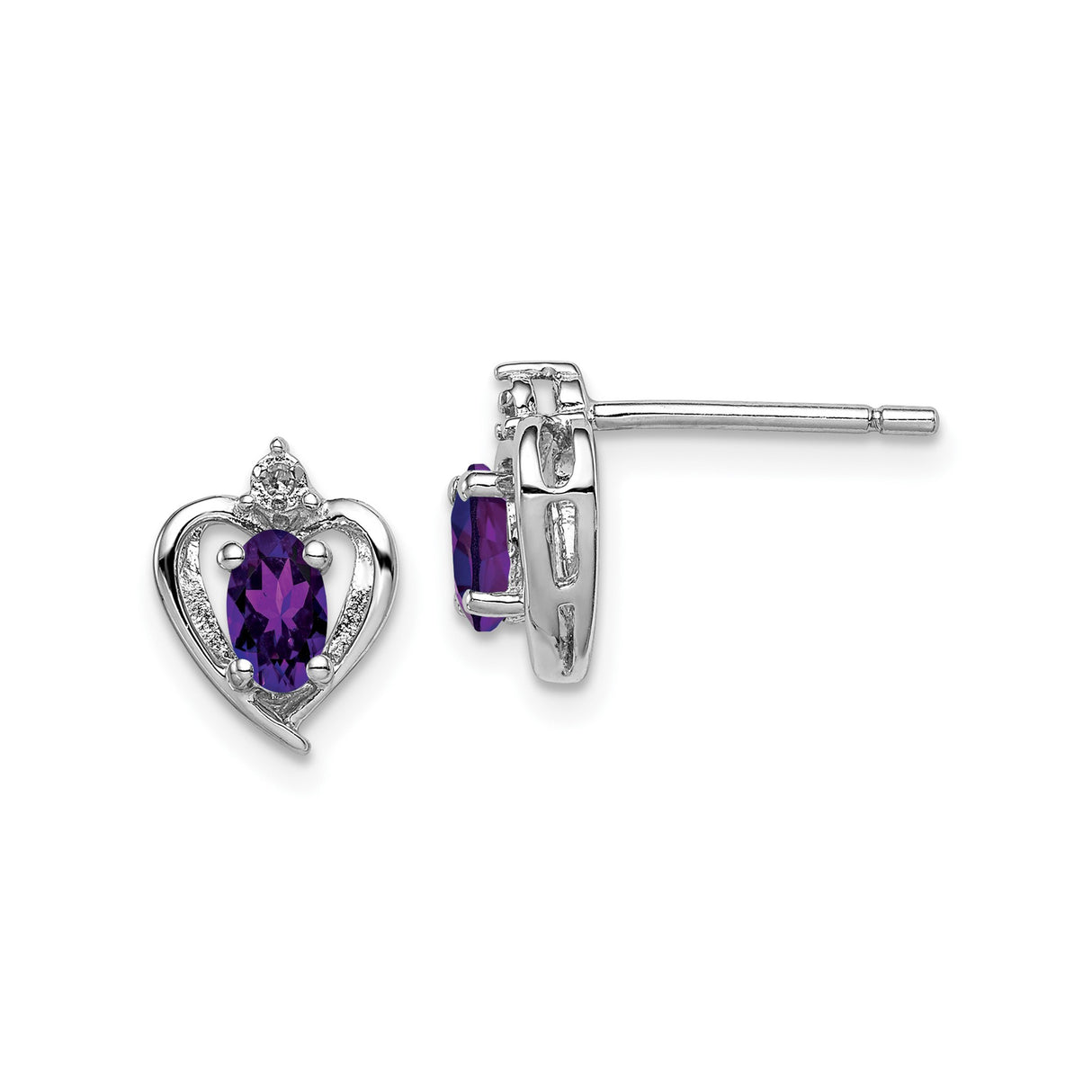 Sterling Silver Heart Shaped Stud Earrings with Amethyst and Diamond Accents
