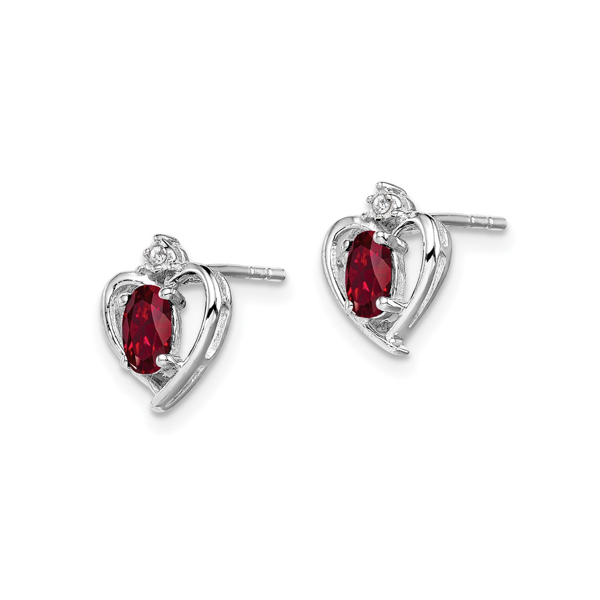Sterling Silver Heart Shaped Stud Earrings with Ruby and Diamond Accents for Women