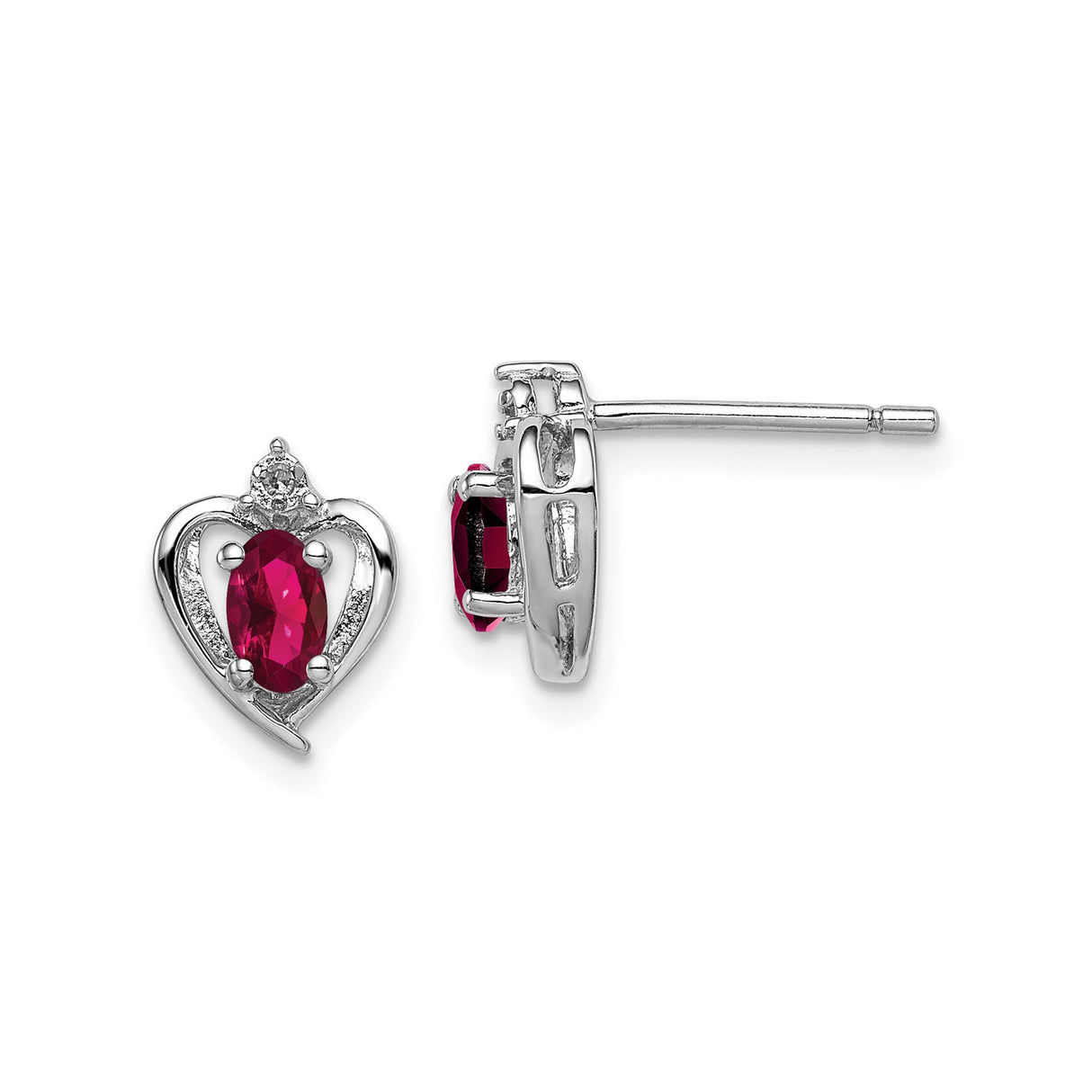 Sterling Silver Heart Shaped Stud Earrings with Ruby and Diamond Accents for Women
