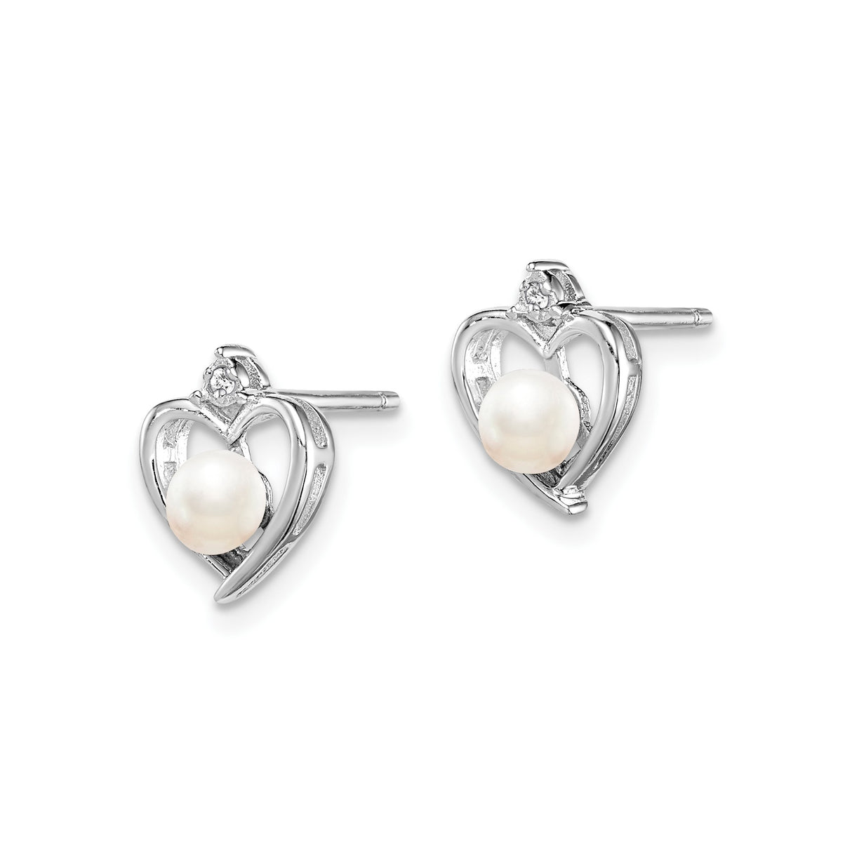 Sterling Silver Stud Earrings with White Pearl and Diamond, Open Heart Design for Women